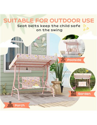 AIYAPLAY Kids Garden Swing Chair with Adjustable Canopy, Safety Belt, 2 Seater Hammock Swing Bench for Patio, Porch, Pink