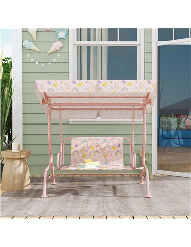 AIYAPLAY Kids Garden Swing Chair with Adjustable Canopy, Safety Belt, 2 Seater Hammock Swing Bench for Patio, Porch, Pink