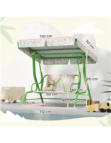 AIYAPLAY Kids Garden Swing Chair with Adjustable Canopy, Safety Belt, 2 Seater Hammock Swing Bench for Patio, Porch, Green