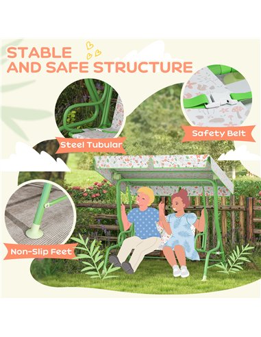 AIYAPLAY Kids Garden Swing Chair with Adjustable Canopy, Safety Belt, 2 Seater Hammock Swing Bench for Patio, Porch, Green
