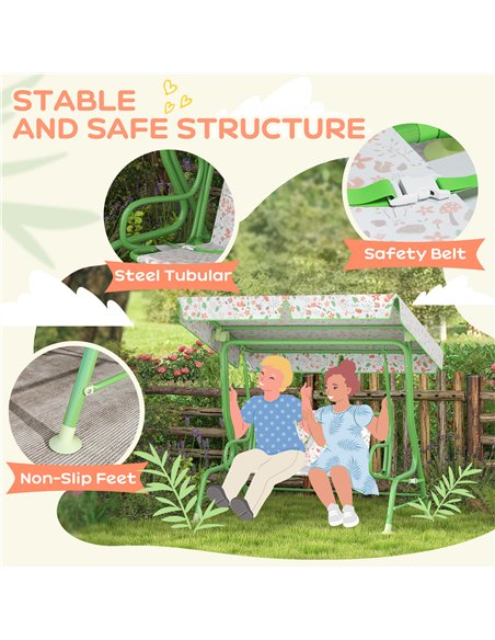 AIYAPLAY Kids Garden Swing Chair with Adjustable Canopy, Safety Belt, 2 Seater Hammock Swing Bench for Patio, Porch, Green - pic 117978 | FastDaddyshop