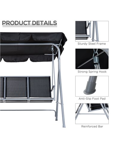 Outsunny 3 Seater Patio Swing Chair Garden Hammock Bench Rock Shelter Shade Metal Black