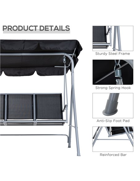 Outsunny 3 Seater Patio Swing Chair Garden Hammock Bench Rock Shelter Shade Metal Black - pic 11798 | FastDaddyshop