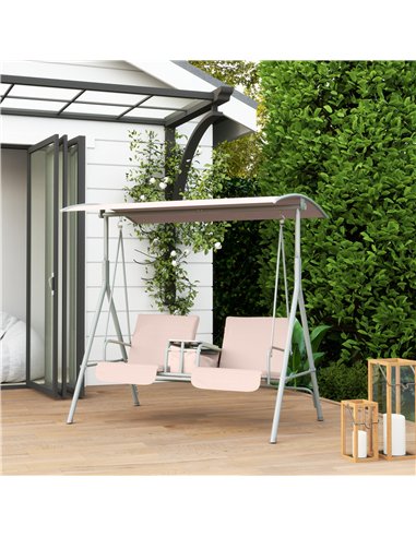Outsunny 2 Seater Garden Swing Chair Patio Rocking Bench w/ Tilting Canopy, Double Padded Seats, Storage Bag and Tray, Beige