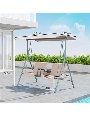 Outsunny 2 Seater Garden Swing Chair Patio Rocking Bench w/ Tilting Canopy, Double Padded Seats, Storage Bag and Tray, Beige