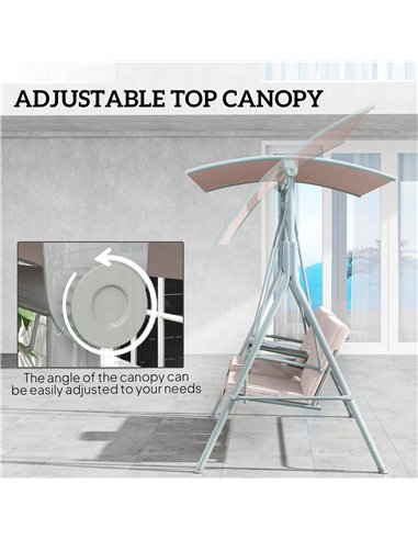 Outsunny 2 Seater Garden Swing Chair Patio Rocking Bench w/ Tilting Canopy, Double Padded Seats, Storage Bag and Tray, Beige