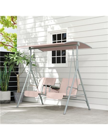 Outsunny 2 Seater Garden Swing Chair Patio Rocking Bench w/ Tilting Canopy, Double Padded Seats, Storage Bag and Tray, Beige - pic 118000 | FastDaddyshop