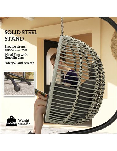 Outsunny Outdoor Swing Chair with Thick Padded Cushion, Patio Hanging Chair with Metal Stand, Foldable Basket, Cup Holder, Rope 
