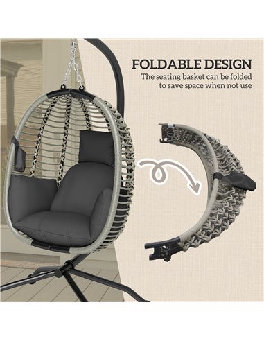 Outsunny Outdoor Swing Chair with Thick Padded Cushion, Patio Hanging Chair with Metal Stand, Foldable Basket, Cup Holder, Rope 