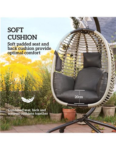 Outsunny Outdoor Swing Chair with Thick Padded Cushion, Patio Hanging Chair with Metal Stand, Foldable Basket, Cup Holder, Rope 