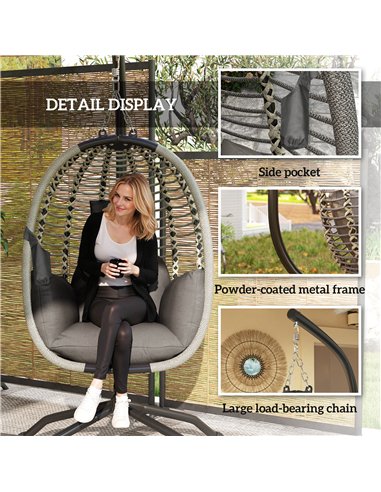 Outsunny Outdoor Swing Chair with Thick Padded Cushion, Patio Hanging Chair with Metal Stand, Foldable Basket, Cup Holder, Rope 