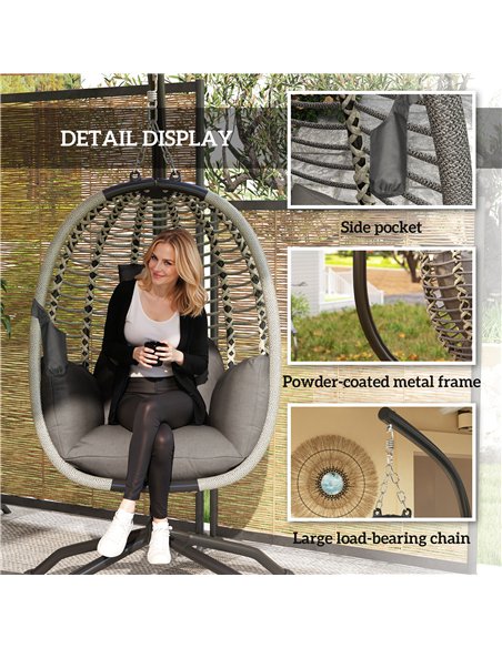 Outsunny Outdoor Swing Chair with Thick Padded Cushion, Patio Hanging Chair with Metal Stand, Foldable Basket, Cup Holder, Rope  - pic 118008 | FastDaddyshop