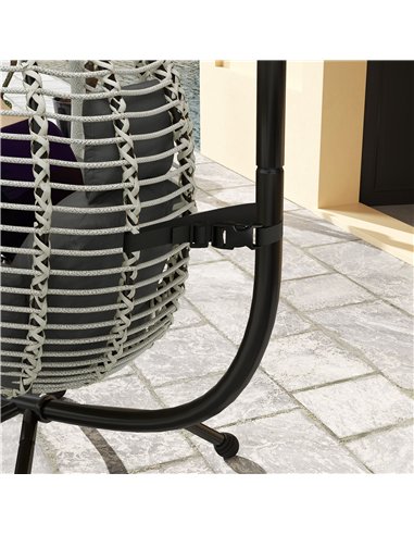 Outsunny Outdoor Swing Chair with Thick Padded Cushion, Patio Hanging Chair with Metal Stand, Foldable Basket, Cup Holder, Rope 