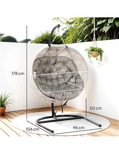 Outsunny Hanging Egg Chair Outdoor Indoor Garden Swing Chair with Folding Basket, Garden Hanging Chair with Stand, Thickened Cus