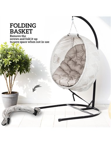Outsunny Hanging Egg Chair Outdoor Indoor Garden Swing Chair with Folding Basket, Garden Hanging Chair with Stand, Thickened Cus