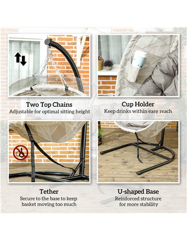 Outsunny Hanging Egg Chair Outdoor Indoor Garden Swing Chair with Folding Basket, Garden Hanging Chair with Stand, Thickened Cus