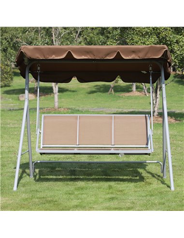 Outsunny Metal Swing Chair Garden Hammock Bench 3 Seater Rock Shelter Brown