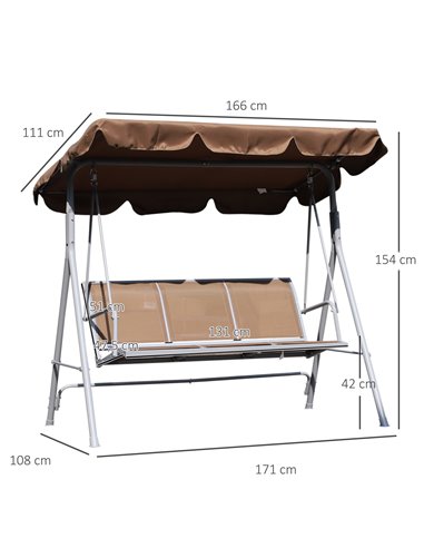Outsunny Metal Swing Chair Garden Hammock Bench 3 Seater Rock Shelter Brown