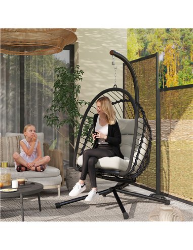 Outsunny Outdoor PE Rattan Swing Chair with Cushion, Garden Foldable Basket Patio Hanging Egg Chair with Metal Stand, Headrest, 