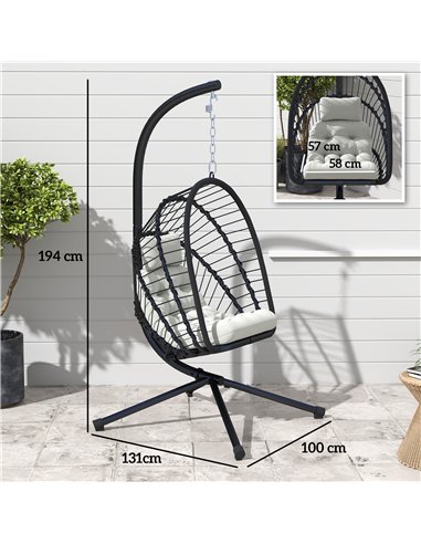 Outsunny Outdoor PE Rattan Swing Chair with Cushion, Garden Foldable Basket Patio Hanging Egg Chair with Metal Stand, Headrest, 