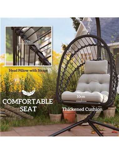 Outsunny Outdoor PE Rattan Swing Chair with Cushion, Garden Foldable Basket Patio Hanging Egg Chair with Metal Stand, Headrest, 