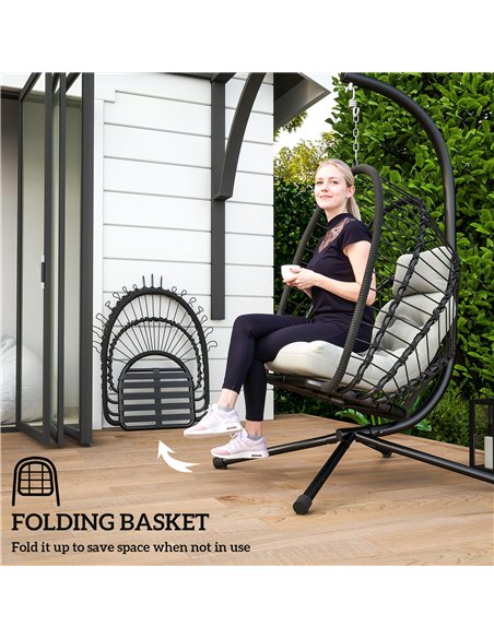 Outsunny Outdoor PE Rattan Swing Chair with Cushion, Garden Foldable Basket Patio Hanging Egg Chair with Metal Stand, Headrest,  - pic 118033 | FastDaddyshop