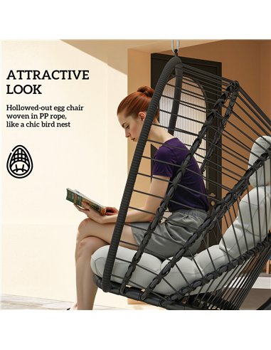 Outsunny Outdoor PE Rattan Swing Chair with Cushion, Garden Foldable Basket Patio Hanging Egg Chair with Metal Stand, Headrest, 