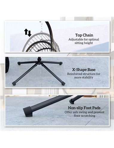 Outsunny Outdoor PE Rattan Swing Chair with Cushion, Garden Foldable Basket Patio Hanging Egg Chair with Metal Stand, Headrest, 