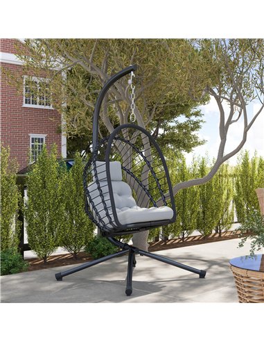 Outsunny Outdoor PE Rattan Swing Chair with Cushion, Garden Foldable Basket Patio Hanging Egg Chair with Metal Stand, Headrest, 