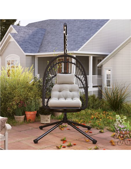 Outsunny Outdoor PE Rattan Swing Chair with Cushion, Garden Foldable Basket Patio Hanging Egg Chair with Metal Stand, Headrest,  - pic 118037 | FastDaddyshop