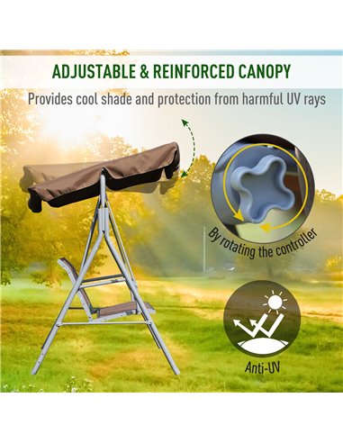 Outsunny Metal Swing Chair Garden Hammock Bench 3 Seater Rock Shelter Brown