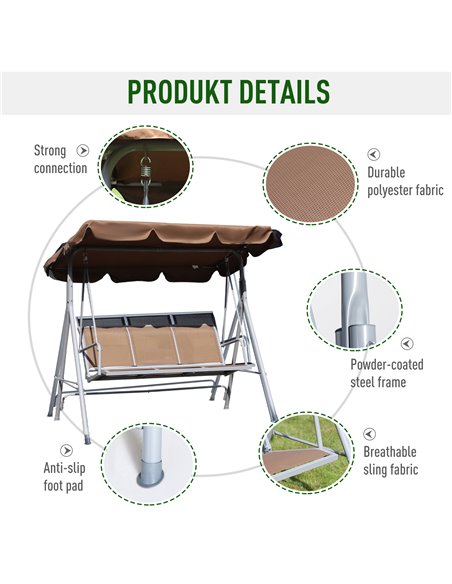 Outsunny Metal Swing Chair Garden Hammock Bench 3 Seater Rock Shelter Brown - pic 11805 | FastDaddyshop