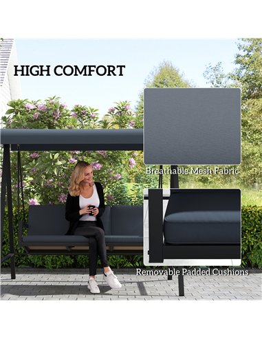 Outsunny Three-Seat Garden Swing Chair, with Adjustable Canopy - Dark Grey