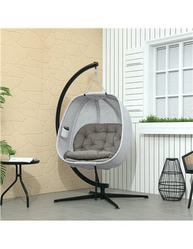 Outsunny Hanging Egg Chair Outdoor Indoor Garden Swing Chair with Folding Basket, Garden Hanging Chair with Stand, Thickened Cus