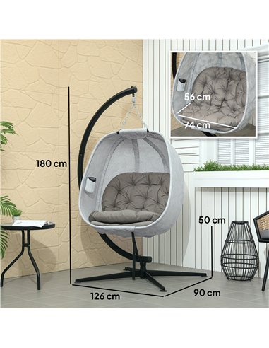 Outsunny Hanging Egg Chair Outdoor Indoor Garden Swing Chair with Folding Basket, Garden Hanging Chair with Stand, Thickened Cus
