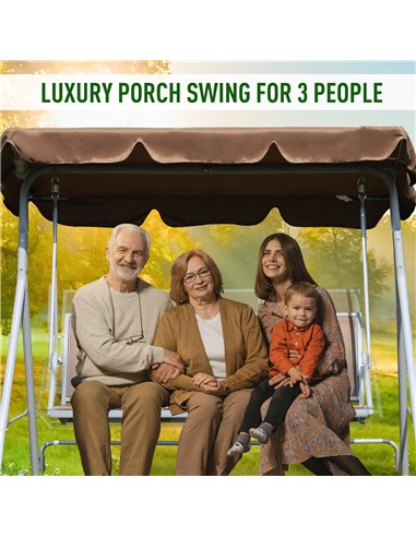 Outsunny Metal Swing Chair Garden Hammock Bench 3 Seater Rock Shelter Brown