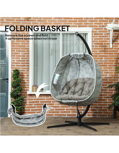 Outsunny Hanging Egg Chair Outdoor Indoor Garden Swing Chair with Folding Basket, Garden Hanging Chair with Stand, Thickened Cus