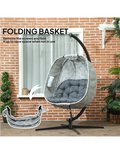 Outsunny Hanging Egg Chair Outdoor Indoor Garden Swing Chair with Folding Basket, Garden Hanging Chair with Stand, Thickened Cus