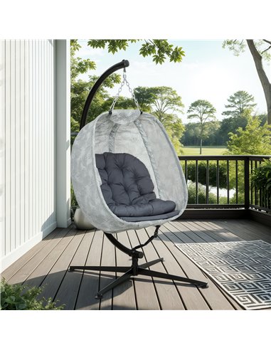 Outsunny Hanging Egg Chair Outdoor Indoor Garden Swing Chair with Folding Basket, Garden Hanging Chair with Stand, Thickened Cus