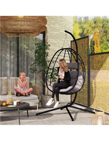 Outsunny Hanging Egg Chair Outdoor Indoor Garden Swing Chair with Folding Basket, Thickened Cushion, Garden Hanging Chair with S