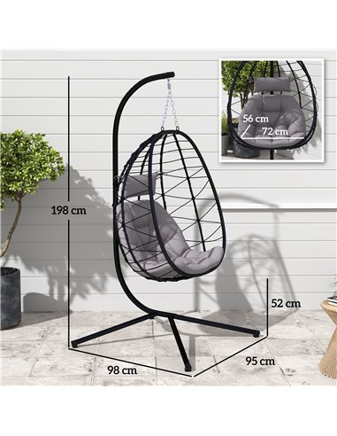 Outsunny Hanging Egg Chair Outdoor Indoor Garden Swing Chair with Folding Basket, Thickened Cushion, Garden Hanging Chair with S