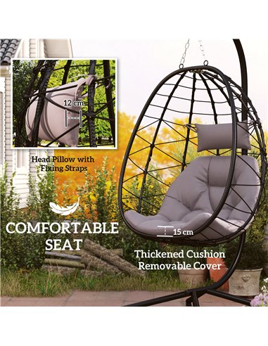 Outsunny Hanging Egg Chair Outdoor Indoor Garden Swing Chair with Folding Basket, Thickened Cushion, Garden Hanging Chair with S