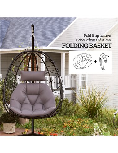 Outsunny Hanging Egg Chair Outdoor Indoor Garden Swing Chair with Folding Basket, Thickened Cushion, Garden Hanging Chair with S