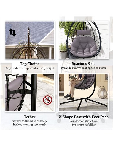 Outsunny Hanging Egg Chair Outdoor Indoor Garden Swing Chair with Folding Basket, Thickened Cushion, Garden Hanging Chair with S