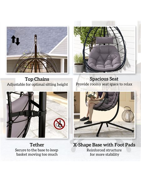 Outsunny Hanging Egg Chair Outdoor Indoor Garden Swing Chair with Folding Basket, Thickened Cushion, Garden Hanging Chair with S - pic 118080 | FastDaddyshop