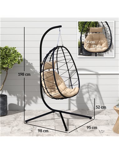 Outsunny Hanging Egg Chair Outdoor Indoor Garden Swing Chair with Folding Basket, Thickened Cushion, Garden Hanging Chair with S