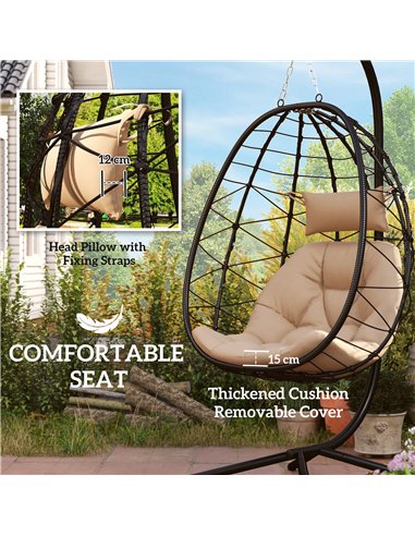 Outsunny Hanging Egg Chair Outdoor Indoor Garden Swing Chair with Folding Basket, Thickened Cushion, Garden Hanging Chair with S