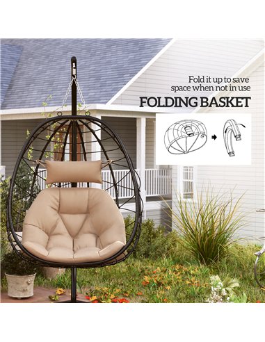 Outsunny Hanging Egg Chair Outdoor Indoor Garden Swing Chair with Folding Basket, Thickened Cushion, Garden Hanging Chair with S