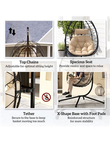 Outsunny Hanging Egg Chair Outdoor Indoor Garden Swing Chair with Folding Basket, Thickened Cushion, Garden Hanging Chair with S