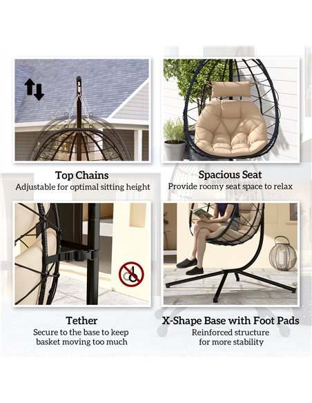 Outsunny Hanging Egg Chair Outdoor Indoor Garden Swing Chair with Folding Basket, Thickened Cushion, Garden Hanging Chair with S - pic 118089 | FastDaddyshop